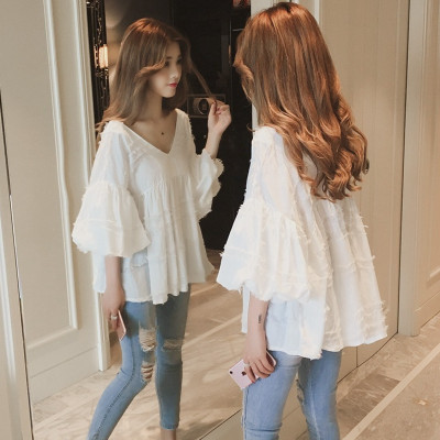 新款春季女遮肚子喇叭袖上衣娃娃小衫蓬蓬气质淑女超仙雪纺衫学生T恤