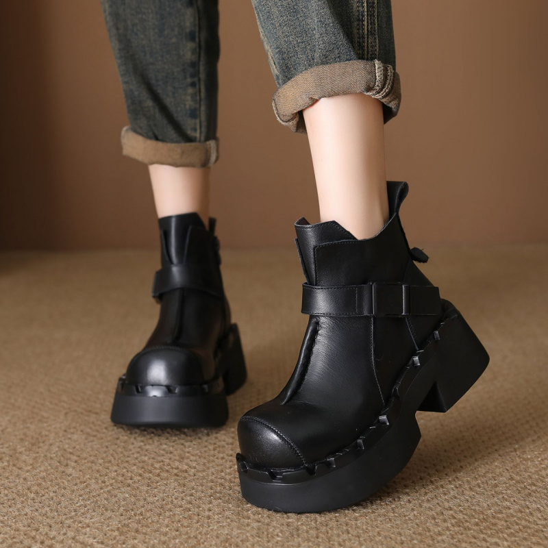 头层牛皮马丁靴女冬季新款粗跟复古英伦风百搭短靴厚底增高靴