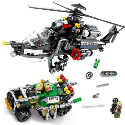 汇奇宝积木男孩子特警军事系列合体变形拼装警察儿童玩具塑料6-14岁兼容樂高大型直升机追捕502颗粒-