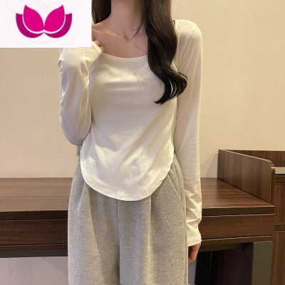 七斓设计感小众正肩长袖T恤女冬内搭短款打底衫辣妹修身显瘦上衣