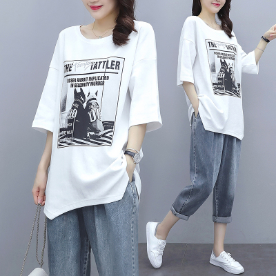 再说休闲牛仔裤大T恤洋气两件套2021春夏韩版时尚小个子套装女潮