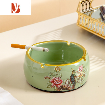 三维工匠美式纸巾盒摆件陶瓷客厅茶几简约现代抽纸盒家用创意烟灰缸套装 鼓形烟灰缸-绿色大号