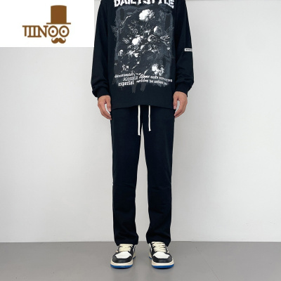 YANXU薄款垂感直筒裤男夏季美式高街复古灰休闲宽松卫裤黑灰色运动长裤