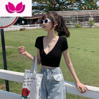 七斓港风短袖t恤女夏性感深V领外穿低胸韩版紧身露脐显胸短款露脐上衣