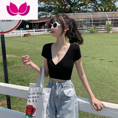 七斓港风短袖t恤女夏性感深V领外穿低胸韩版紧身露脐显胸短款露脐上衣
