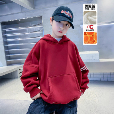 男童红色加绒卫衣一体绒新款男孩新年衣服儿童加厚连帽上衣潮