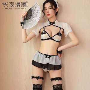 长夜漫漫情趣内衣经典中式三点式女仆装女式情趣睡衣性感蕾丝女佣制服套装夜店火热露背裙子夫妻调情成人用品 白色 均码