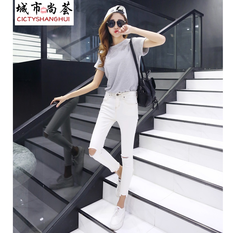 呛口小辣椒白色显瘦小脚裤破洞紧身牛仔九分裤铅笔裤