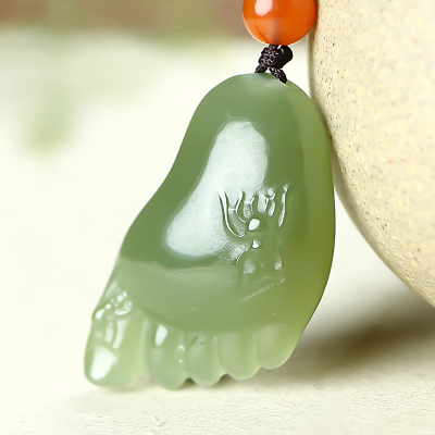 印象眸和田玉吊坠浅青玉晴水绿知足常乐脚丫男女款玉石挂件附送证书吊坠