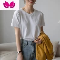 七斓V领短袖t恤女宽松百搭体恤2023夏新款显瘦打底衫小众白色上衣