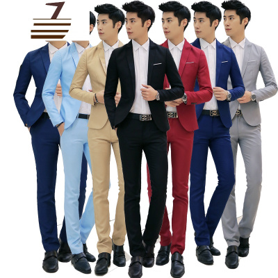 NEWLAKE西服套装男潮流修身宝蓝色青年四季小款粉红商务二件套街舞深灰色