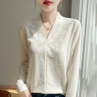 25年春夏新款莱赛尔天丝V领针织衫长袖法式设计感蕾丝提花打底衫