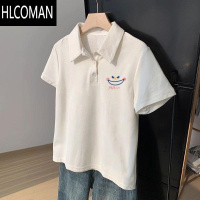 HLCOMAN白色衫男夏季2025新款港风宽松翻领短袖T恤潮牌简约百搭上衣