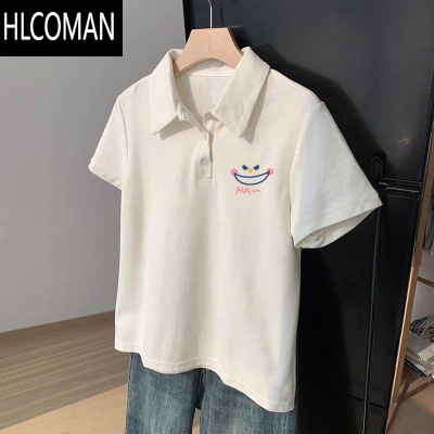 HLCOMAN白色衫男夏季2025新款港风宽松翻领短袖T恤潮牌简约百搭上衣