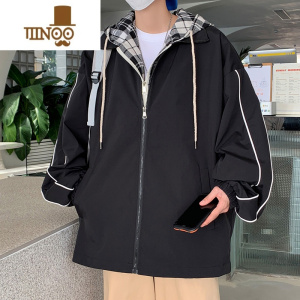 YANXU港风ins假连帽夹克男秋季加肥加大码潮胖子宽松学生百搭外套