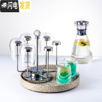 三维工匠家用冷水壶耐热防爆玻璃杯子套装凉水杯水具北欧创意茶具 菲拉斯+6水滴杯+圆盘金色+旋转杯架