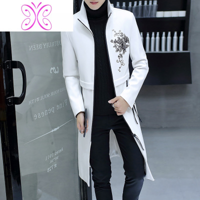 YUANSU风衣男修身加厚长款秋冬韩版帅气男装超长过膝大衣青年PU皮衣外套风衣