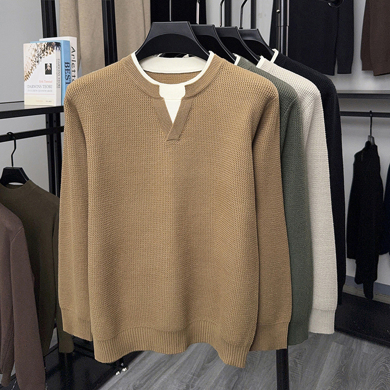 时尚假两件圆领针织衫男士毛衣2025秋冬新款加厚保暖打底衫男