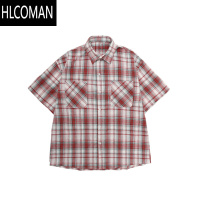 HLCOMAN美式复古磨毛格纹短袖衬衫T恤男女夏季宽松百搭情侣休闲半袖衬衣