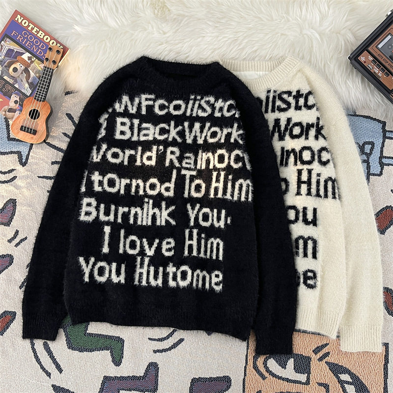 男装字母毛衣情侣套头宽松针织情侣潮牌秋冬季慵懒风上衣外套