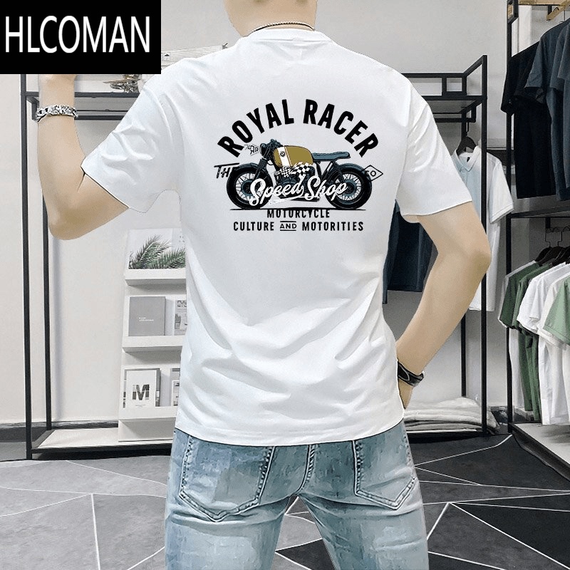 HLCOMAN夏季美式复古后背摩托车印花短袖T恤男士潮牌个性修身百搭半袖男
