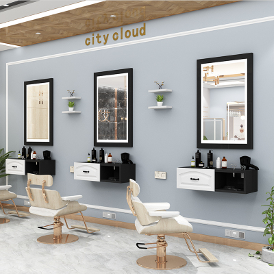  理发店镜台发廊院镜台LED带灯闪电客木质美发店网红镜子一体简约