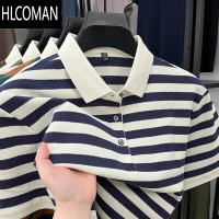 HLCOMAN翻领短袖T恤男士夏装2025新款潮流大码条纹拼色衫男半袖上衣