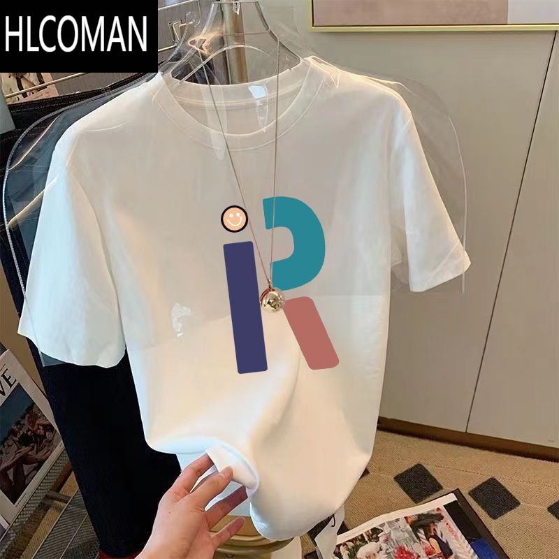 HLCOMAN夏季100短袖t恤女宽松大码圆领时尚印花体恤衫上衣男新款半袖