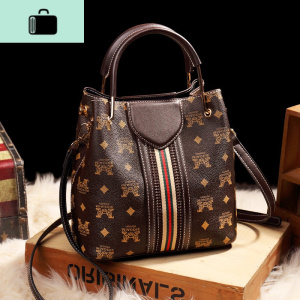 皮包包女2020新款网红时尚大气手提水桶包百搭单肩斜跨包女包NEW LAKE 咖啡色女斜挎包 咖啡色