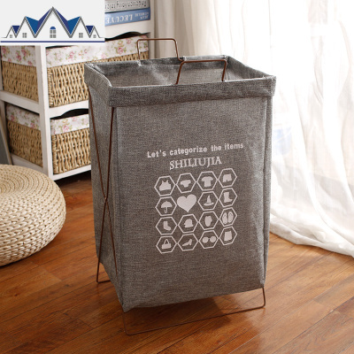 防水棉麻洗衣篮脏衣篓衣服收纳筐日式简约铁支架布艺折叠脏衣篮桶 三维工匠收纳篮