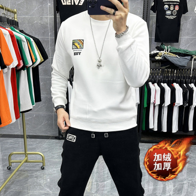 秋冬新款卫衣男士潮流印花圆领套头修身长袖打底衫体恤加绒上衣潮_1