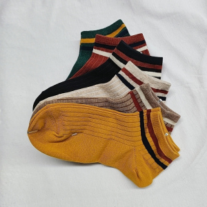 [1件5折价:45]美特斯邦威夏新款袜子女双杠条纹六双装短袜女袜子 杏黄组+绿黑棕组 均码