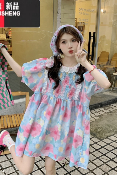 YIBUSHENG多巴胺女孩连衣裙女装季2024新款重工蕾丝花边压褶宽松短袖裙子
