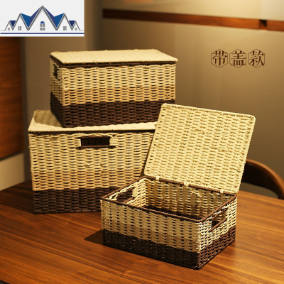桌面田园收纳箱带盖盒子杂物储物箱纸藤编零食玩具衣物整理篮筐子 三维工匠