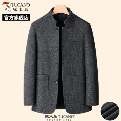 啄木鸟春季新款毛呢大衣爸爸立领中山装婚宴外套中年男士夹克衫C