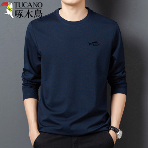 啄木鸟春秋季中年男士圆领纯棉长袖T恤宽松上衣服男装体恤打底衫