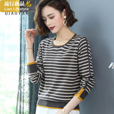 恋名媛条纹毛衣女妈妈春装四五十岁穿的打底衫圆领秋新款中老年女装长袖妈妈装