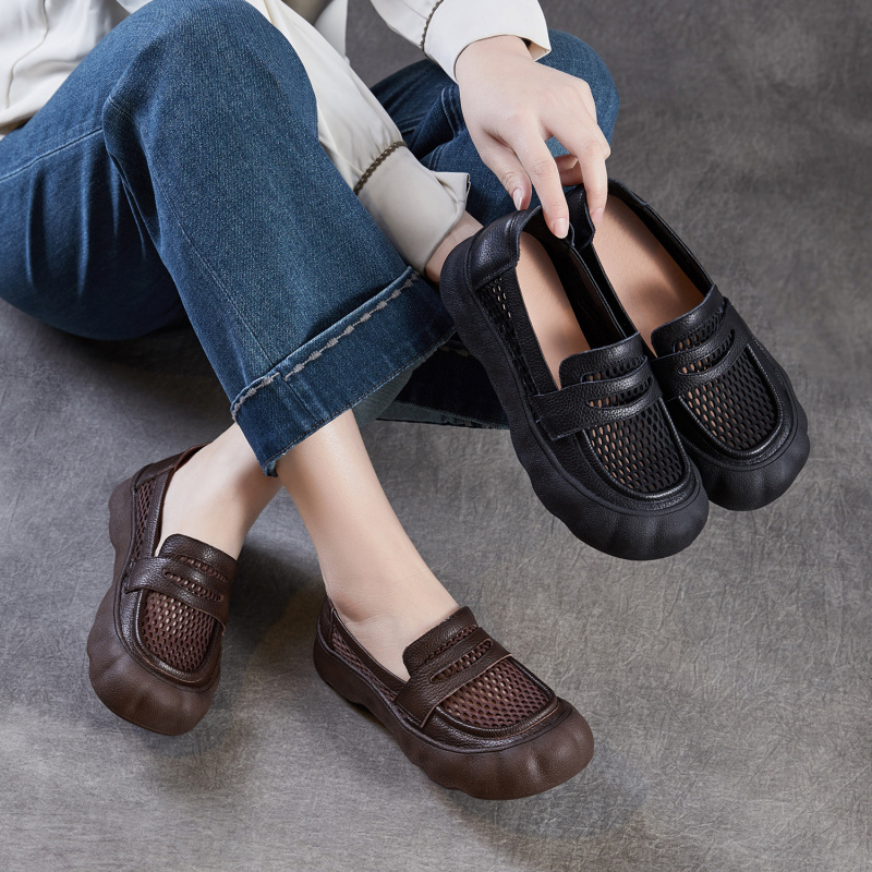 2026春夏新款一脚蹬休闲女鞋真皮软底牛皮透气网面乐福鞋休闲单鞋