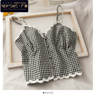 广赫2020夏季格纹褶皱花边短款露脐吊带衫女新款修身显瘦百搭小背心潮