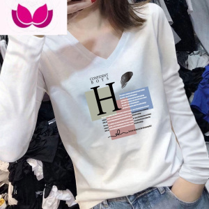 七斓欧洲站v领长袖t恤女2023早春新款韩版修身显瘦百搭时尚上衣女