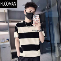 HLCOMAN2025年潮牌网红条纹男装短袖T恤ins潮流修身百搭圆领青年半袖上衣