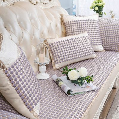 夏季陶瓷凉垫 客厅沙发凉席垫夏天款防滑欧式全包萬能套罩坐垫子 布艺+晶彩浅紫色 60*150