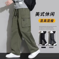 休闲裤男秋季新款时尚潮流垂感阔腿美式大口袋直筒工装裤