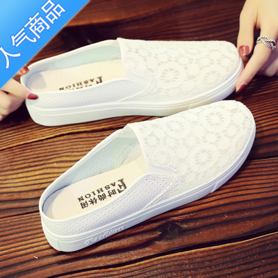 SUNTEK韩版包头半拖鞋女夏网纱绣花时尚外穿平底一脚蹬懒人鞋学生小白鞋