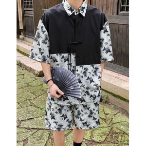套装男士夏季新款冰丝短袖衬衫男休闲痞帅扎染百搭潮牌翻领两件套