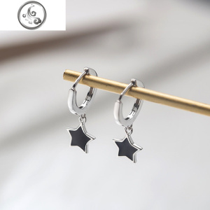 925纯银耳环女气质韩版简约小巧黑色五角星耳扣小耳圈银耳钉女 JiMi 纯银耳扣