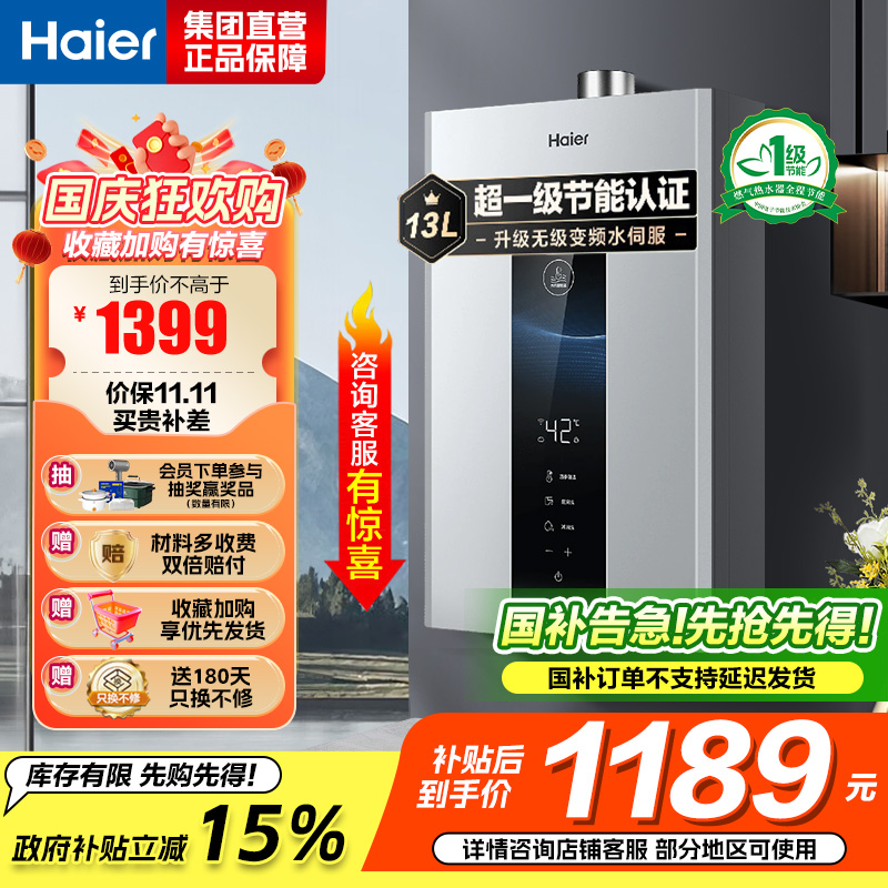 海尔(Haier)燃气热水器天然气水伺服恒温家用智能变升多重安防健康洗APP智能节能省气13L [WM5pro]