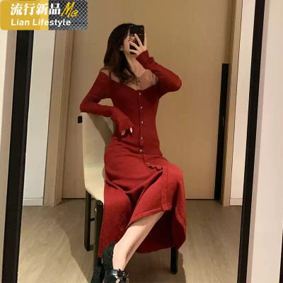 恋名媛大码法式收腰红色针织连衣裙修身名媛气质女范毛衣裙女秋冬长款大码女装