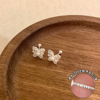 s999足银珍珠镂空蝴蝶螺丝耳钉女小众设计感甜美精致耳环气质送女朋友老婆情人节七夕生日礼物