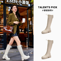 真皮骑士靴冬季新款高筒休闲长筒靴女英伦风粗跟加绒保暖靴子